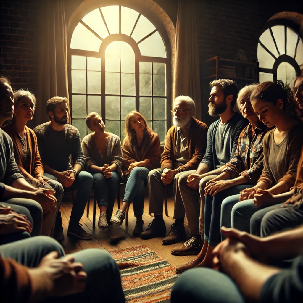 A somber yet hopeful scene showing a diverse group of people, men and women, sitting together in a circle, sharing stories and supporting each other.